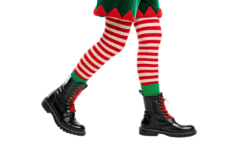 Elf legs in striped stockings and black boots with zigzag trim, isolated on a transparent background
