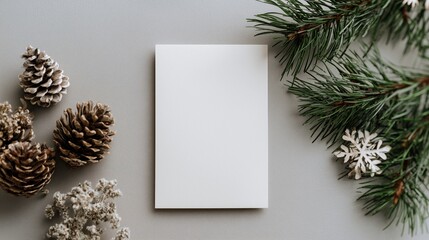 Minimal Christmas mockup with blank card, pine cones and frosted evergreen branches