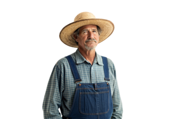 Older farmer in straw hat and overalls with plaid shirt smiling, isolated on a transparent background