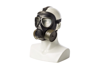 Military gas mask on white mannequin head display, isolated on a transparent background