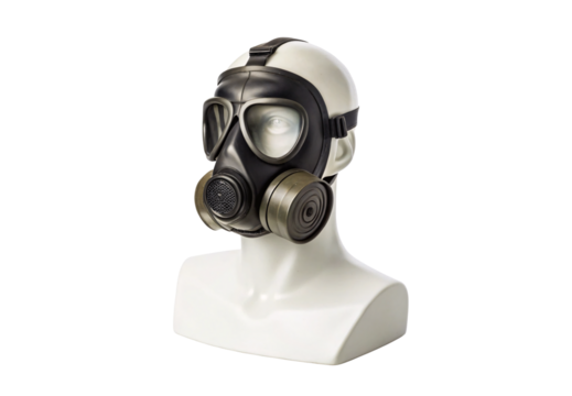 Military gas mask on white mannequin head display, isolated on a transparent background