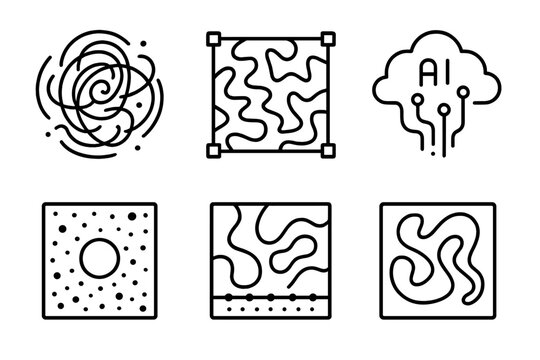 AI Abstract Icons. Line style icons of AI-generated abstract art: colorful chaos swirl, no-rule pattern tool, line cloud AI form,