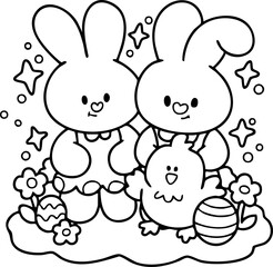 Easter line drawing cute bunny, chicken, egg, cute illustration