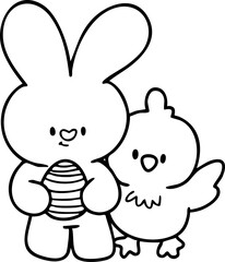 Easter line drawing cute bunny, chicken, egg, cute illustration