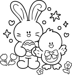 Easter line drawing cute bunny, chicken, egg, cute illustration
