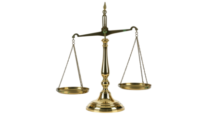 Isolated golden balance scale for law and justice concept, brass scales with suspended dishes