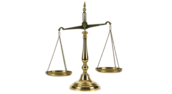 Isolated golden balance scale for law and justice concept, brass scales with suspended dishes