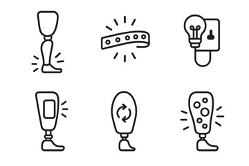 Glowing Prosthetics Icons. Line style icons of prosthetics with lighting elements: glowing limb line art, LED strip outline,
