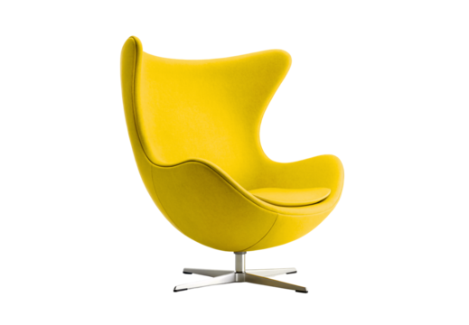 Bright yellow upholstered egg chair with metallic pedestal, isolated on a transparent background