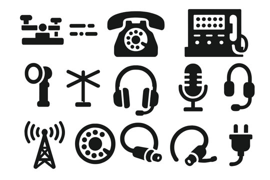 Retro Communication Icons. Solid style icons of Retro Communication: Telegraph Key, Morse Code Strip, Rotary Phone, Switchboard,