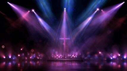 Glowing neon cross in data stream tunnel. Futuristic virtual reality concept of faith and spirituality.