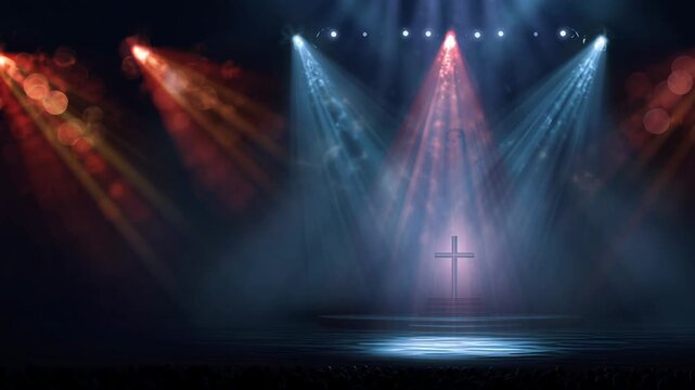 Glowing neon cross in data stream tunnel. Futuristic virtual reality concept of faith and spirituality.