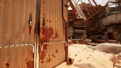 Rust and decay mark the abandoned industrial site, where weathered metal doors stand ajar. A sense of isolation and desolation pervades this vast, sandy landscape with remnants of machinery.