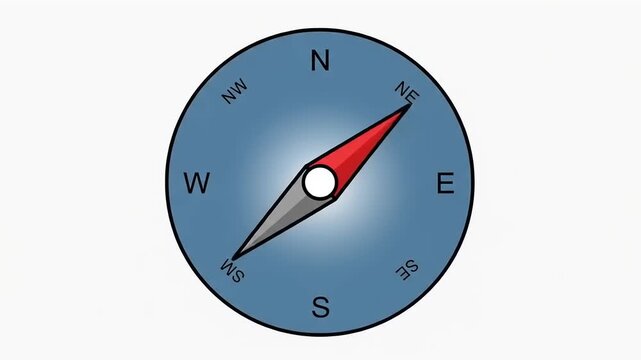 Illustration of a classic blue magnetic compass with the needle pointing towards the northeast direction.