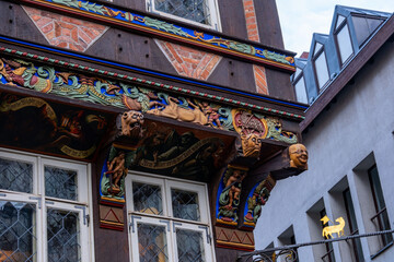 Ancient Hildesheim, Renaissance Wedekindhaus facade fragment in Central Europe, Historic half-timbered 16th-century house craftsmanship in Germany, Old German 1598s townhouse on Old Market Square