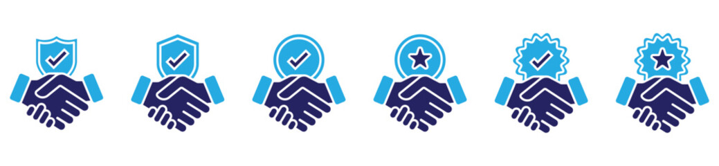 Corporate handshake icons set. Symbol of successful deal, collaboration, partnership, and professional relationship.