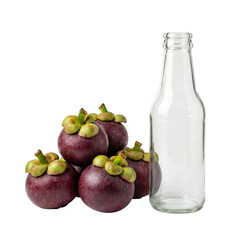 Purple Mangosteen Fruit With Empty Glass Bottle