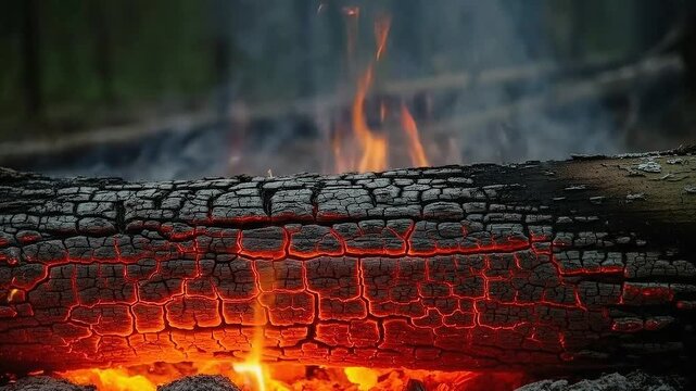 Burning Log Embers and Flames in a Campfire Setting.