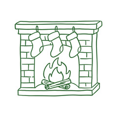 Christmas fireplace with fire and three festive hanging stockings. Vector illustration of winter holidays, cozy decor.
