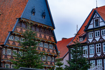 Baroque or Renaissance house facade fragment in Central Europe, Historic half-timbered 18th-century craftsmanship in Germany with ornate facade, Old German townhouse with rich ornaments, Ancient city