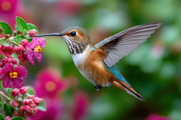 Fototapeta premium Colorful hummingbird hovering near vibrant flowers in a garden