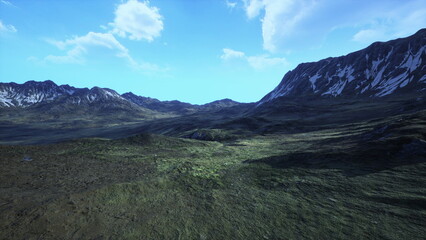 A breathtaking view of mountains under a vibrant blue sky. Rolling green hills stretch into the distance, showcasing natures beauty and serenity in a peaceful environment.
