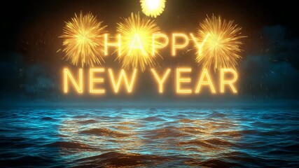 Happy New Year celebration with fireworks over the ocean a festive holiday background perfect for seasonal greetings and event promotions