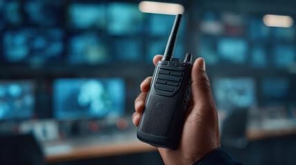 Hand Holding Radio in Surveillance Room - Communication, Focus, Professional, Security,