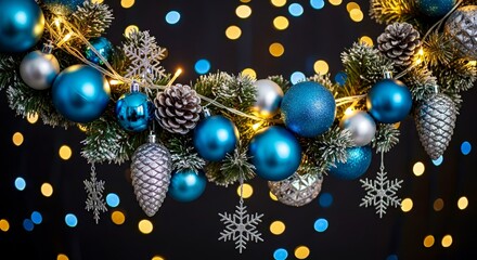 Christmas garland with blue ornaments and pine cones on black background  