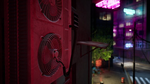 Bright neon lights reflect on wet pavement as air conditioning units cool a nearby building. The bustling city is alive with energy, inviting late night exploration.