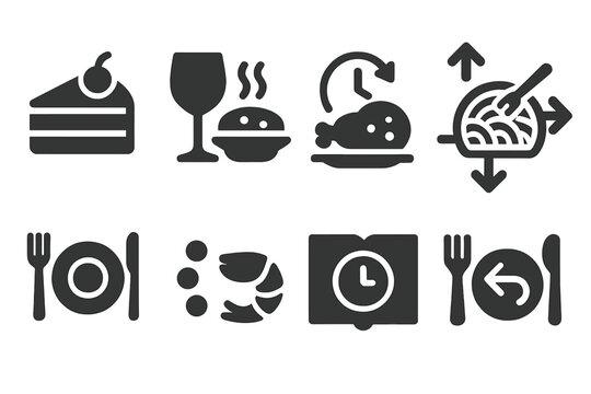 Reversed Meal Icons. Solid style icons of reversed meal sequences: dessert first icon, drink before dish layout, starter at end