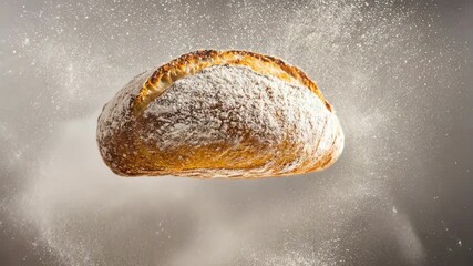 A rustic loaf of bread surrounded by a floury splash effect.