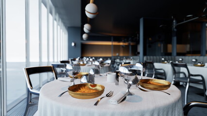 Stylish dining area features beautifully set tables with shiny utensils and exquisite plates. Large windows allow natural light to stream in, creating a warm atmosphere.