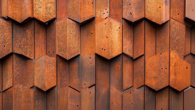 Abstract close-up of a rusted hexagonal metal wall with texture.