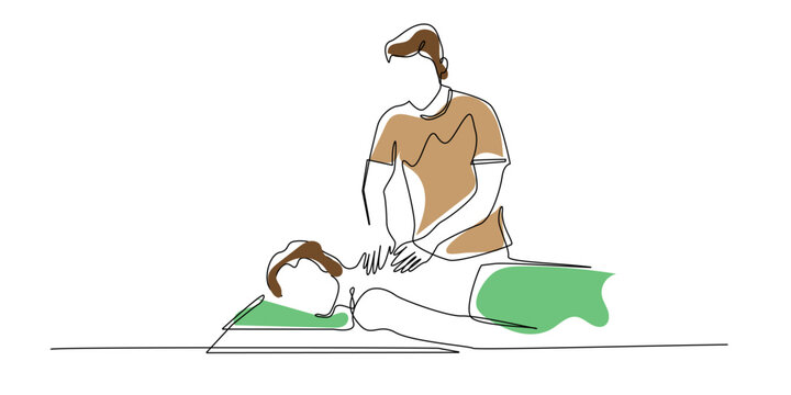 Continuous line drawing of a chiropractor assisting a patient. Single-line illustration depicting physical therapy, spinal adjustment, wellness care, rehabilitation, and medical treatment themes.