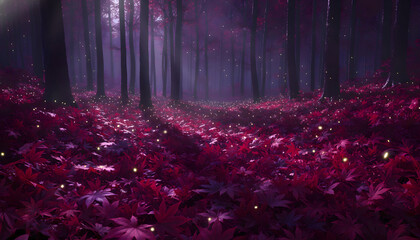 Enchanted dark forest with glowing fireflies and deep red foliage