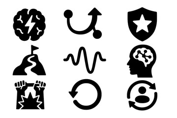 Resilience Icon Set. Solid style icons of leadership resilience training: resilient brain icon, bounce-back circuit, mental