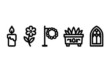 Obraz premium Cemetery Icon Set. Line style icons of Cemetery Tourism: memorial candle, grave offering flower, wreath holder, stone planter,