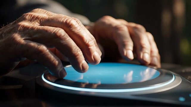 Mature hands interact with circular, glowing technology interface