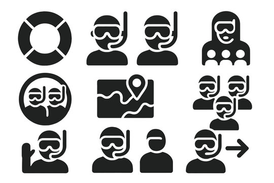 Snorkeling Icons Collection. Solid style icons of group snorkeling sessions: float ring glyph, swimmer pair icon, briefing badge.