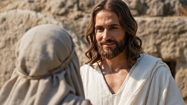Jesus offers hand to kneeling woman near empty tomb, showing resurrection and an intimate encounter with Mary Magdalene.