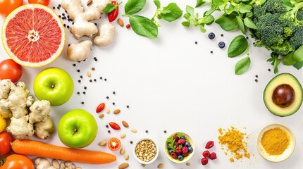 Healthy food with fresh fruits, vegetables, and superfoods on white background