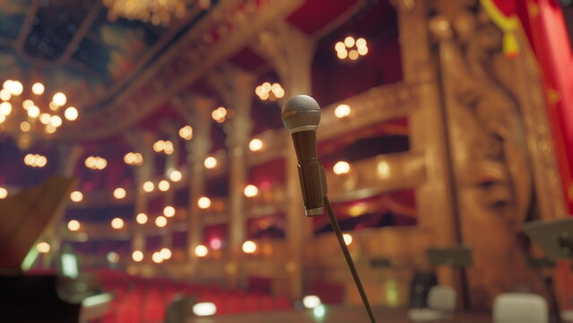 A beautifully designed microphone stands ready on stage, surrounded by an ornate theater filled with glimmering lights. The atmosphere is filled with anticipation for an upcoming performance.