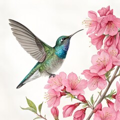 Fototapeta premium A beautiful hummingbird perched among ripe pink flowers, clear details, white background.