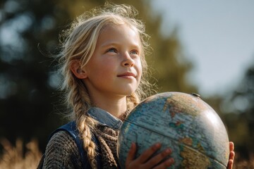 Blonde Girl Holding Educational Earth Globe Outdoors