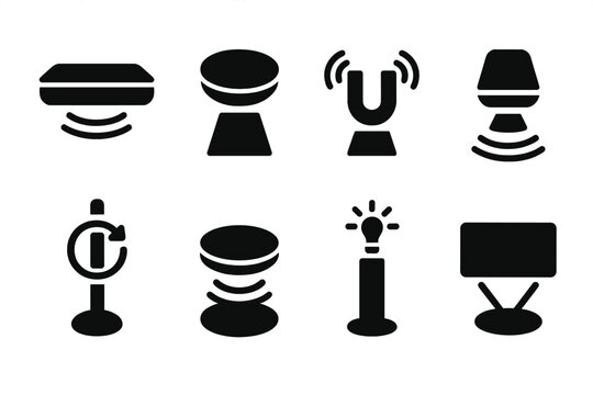 Futuristic Installation Mechanics. Solid style icons of installation mechanics: levitating platform, anti-gravity pedestal,