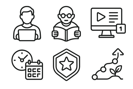 Lifelong Learning Icons. Line style icons of OER and lifelong learning: adult learner on device, senior reading online guide,