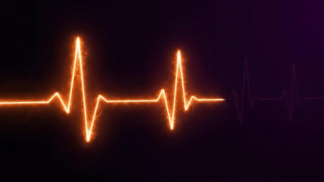 Abstract image features a glowing orange heartbeat waveform, fading into a dimmer purple one