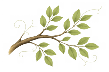 Branch with green leaves and decorative swirling vines on transparent background, nature, growth, spring season illustration