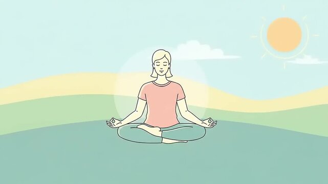 A woman meditating peacefully outdoors in a serene natural landscape under a bright sun.